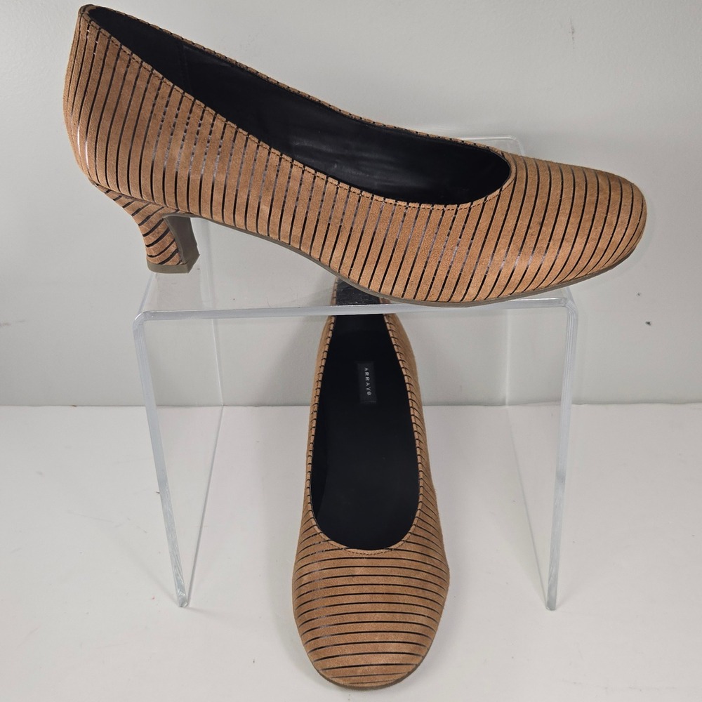 Array Womens 10.5M Tan Black Striped Leather Kitten Heel Pumps 1011551